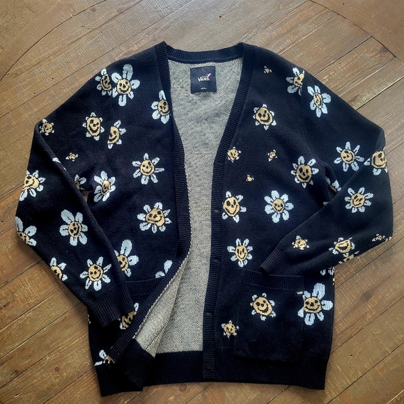 VANS Hilltop Smiley Face Daisy Flower Black Cardigan Sweater NWOT - Picture 2 of 13